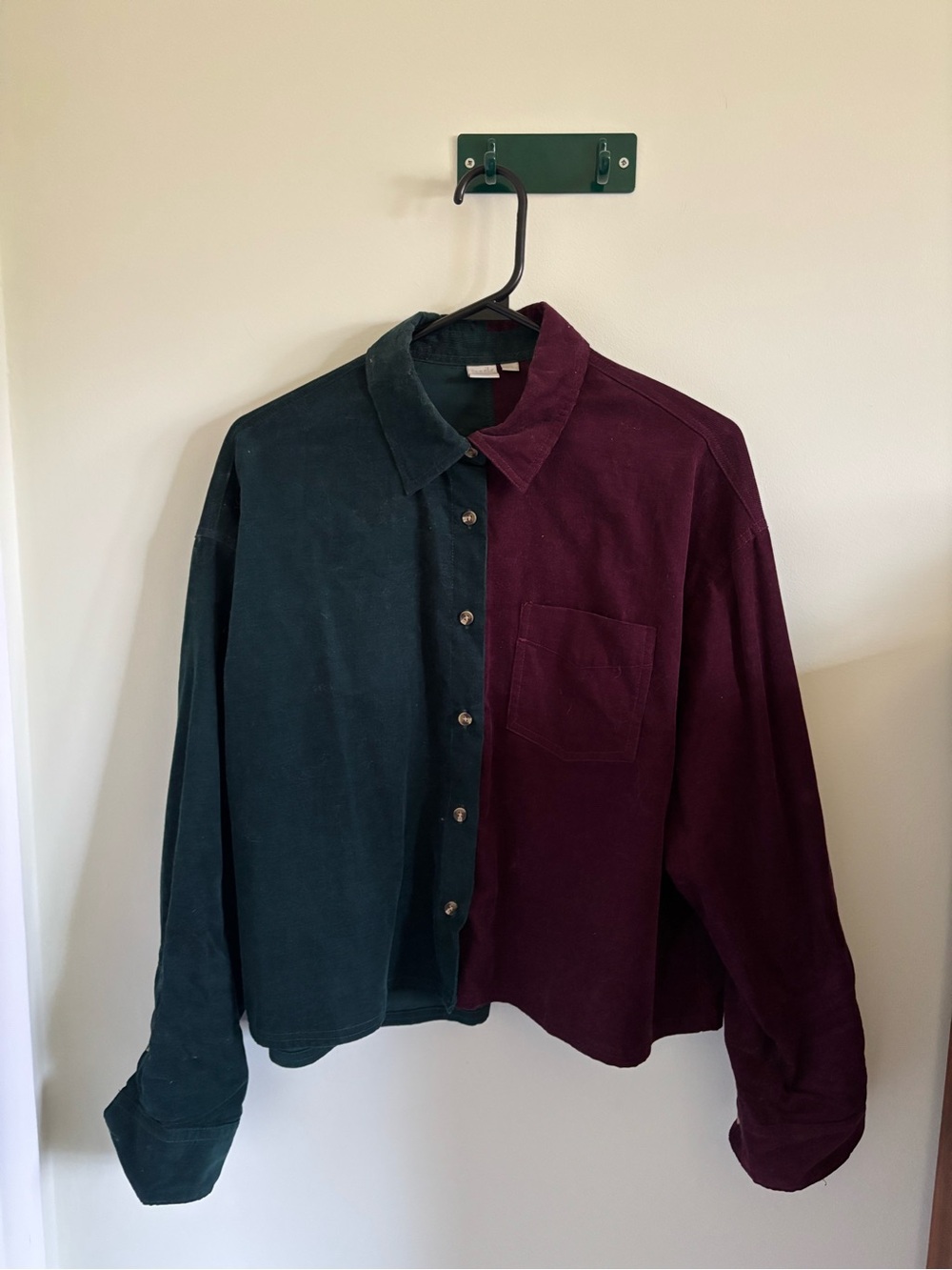 twik Two-Tone Corduroy Button-Down Shirt in Forest Green & Burgundy
